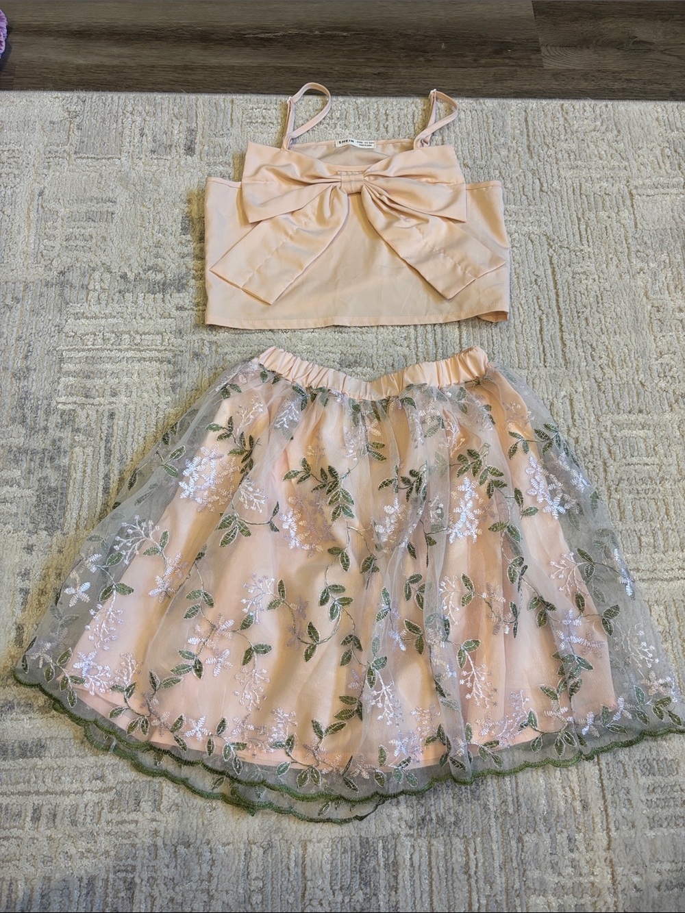 SHEIN Peach Bow Crop Top & Peach Floral Tulle Skirt